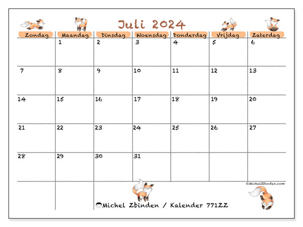 Kalender juli 2024 “771”. Gratis printbaar schema.. Zondag tot zaterdag