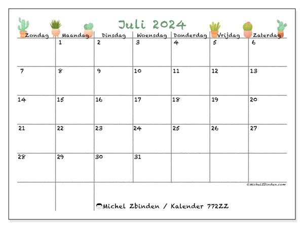 Kalender juli 2024 “772”. Gratis printbare kaart.. Zondag tot zaterdag