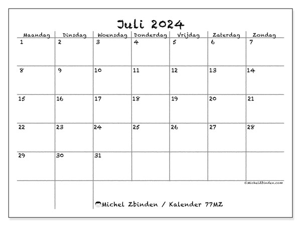 Kalender juli 2024 “77”. Gratis printbaar schema.. Maandag tot zondag