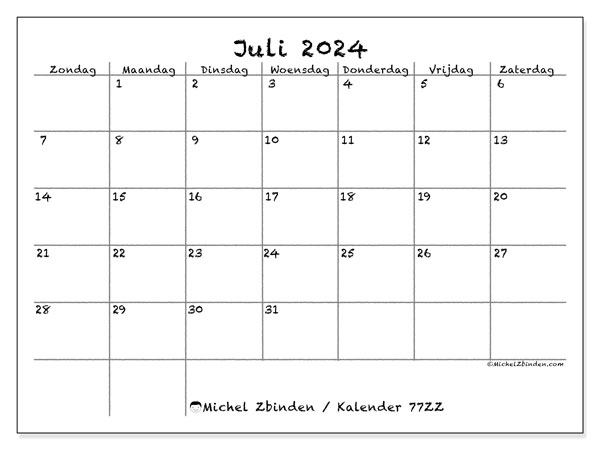 Kalender juli 2024 “77”. Gratis printbaar schema.. Zondag tot zaterdag