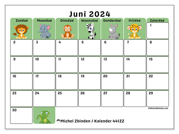 Kalender om af te drukken, juni 2024, 441ZZ