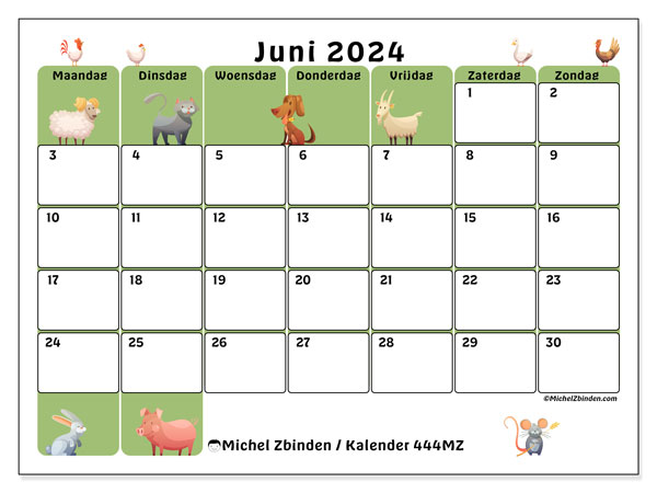 Kalender juni 2024, 444ZZ. Gratis printbare kaart.