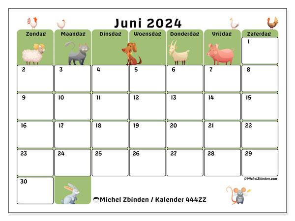 Kalender juni 2024 “444”. Gratis printbare kaart.. Zondag tot zaterdag