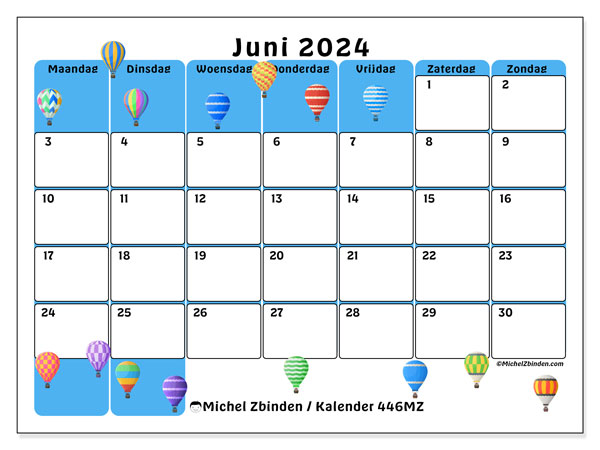 Kalender juni 2024 “446”. Gratis afdrukbare kalender.. Maandag tot zondag