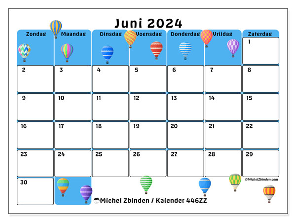 Kalender juni 2024 “446”. Gratis afdrukbare kalender.. Zondag tot zaterdag