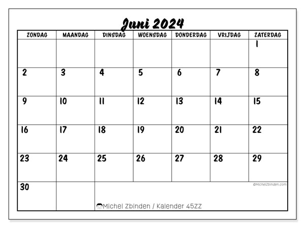 Kalender juni 2024, 45ZZ. Gratis printbare kaart.