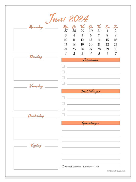 Kalender juni 2024 “47”. Gratis afdrukbare kalender.. Maandag tot zondag