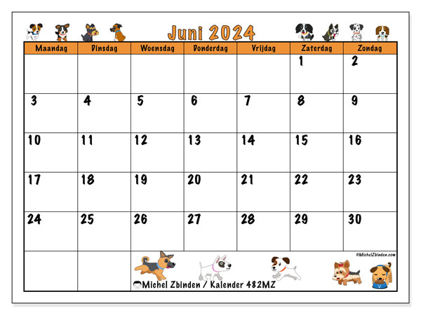 Kalender juni 2024 “482”. Gratis printbare kaart.. Maandag tot zondag