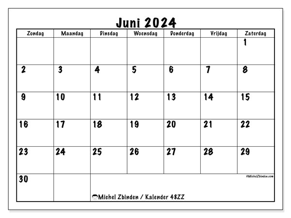 Kalender juni 2024 “48”. Gratis printbaar schema.. Zondag tot zaterdag