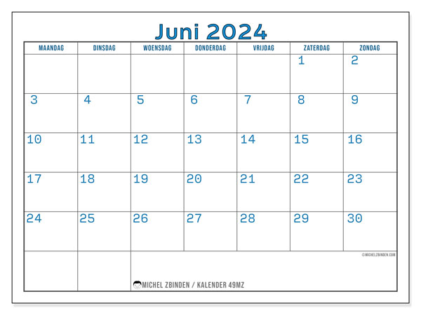 Kalender juni 2024 “49”. Gratis printbare kaart.. Maandag tot zondag