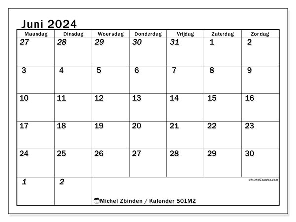 Kalender juni 2024 “501”. Gratis afdrukbare kalender.. Maandag tot zondag