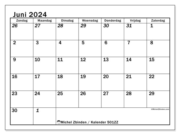 Kalender juni 2024 “501”. Gratis afdrukbare kalender.. Zondag tot zaterdag