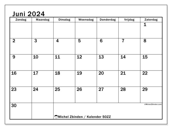 Kalender juni 2024 “50”. Gratis afdrukbare kalender.. Zondag tot zaterdag