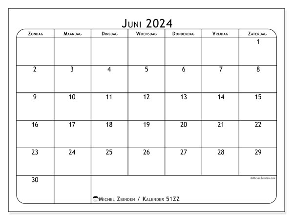 Kalender juni 2024 “51”. Gratis printbaar schema.. Zondag tot zaterdag