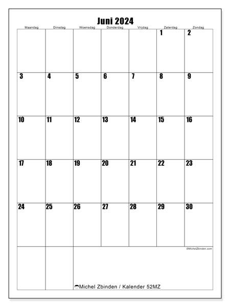 Kalender juni 2024 “52”. Gratis afdrukbare kalender.. Maandag tot zondag