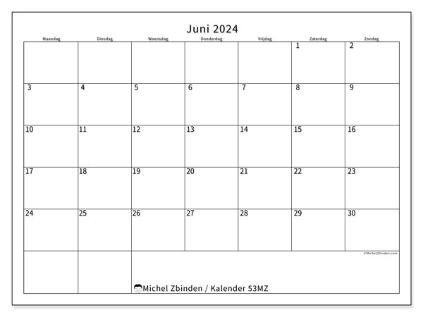 Kalender juni 2024 “53”. Gratis afdrukbare kalender.. Maandag tot zondag
