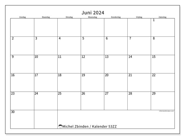 Kalender juni 2024 “53”. Gratis afdrukbare kalender.. Zondag tot zaterdag