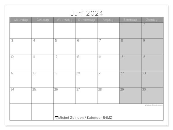Kalender juni 2024 “54”. Gratis afdrukbare kalender.. Maandag tot zondag