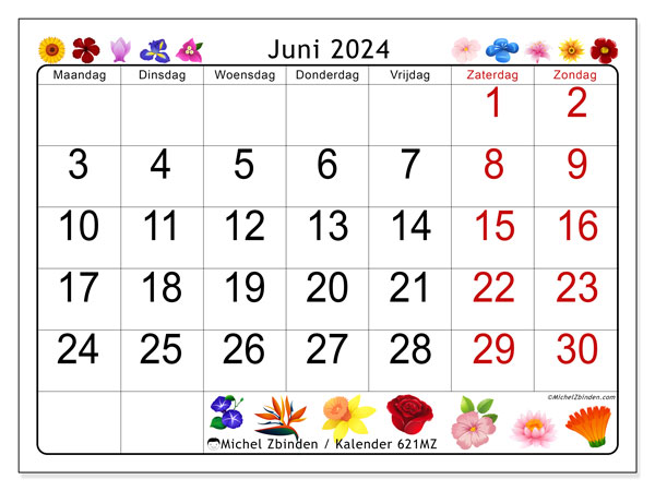 Kalender juni 2024 “621”. Gratis printbare kaart.. Maandag tot zondag