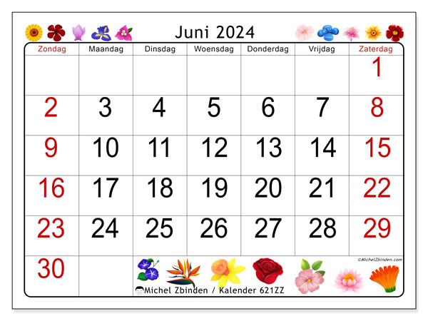 Kalender juni 2024 “621”. Gratis printbare kaart.. Zondag tot zaterdag