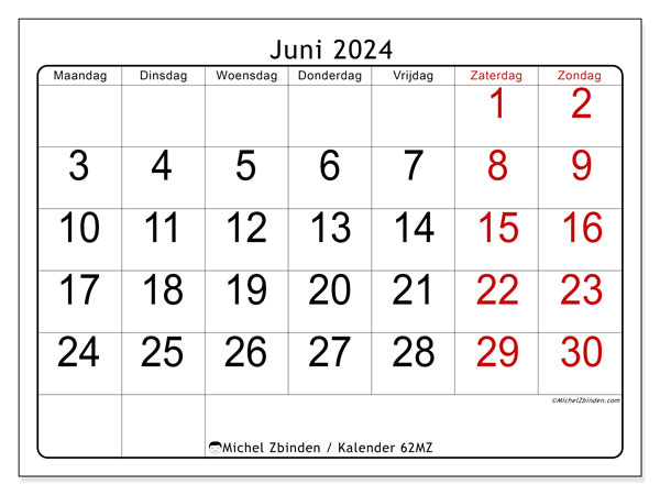 Kalender juni 2024 “62”. Gratis printbaar schema.. Maandag tot zondag