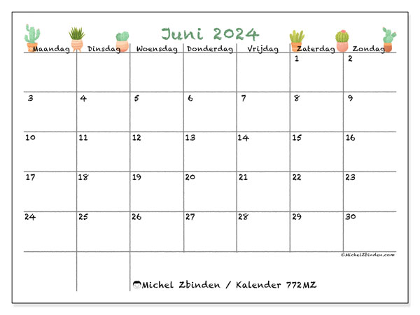 Kalender juni 2024, 772MZ. Gratis afdrukbare kalender.