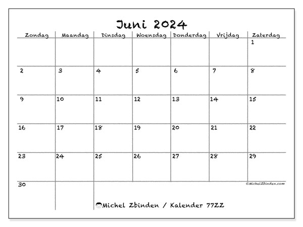 Kalender juni 2024 “77”. Gratis afdrukbare kalender.. Zondag tot zaterdag