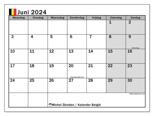 Kalender juni 2024 “België”. Gratis afdrukbare kalender.. Maandag tot zondag