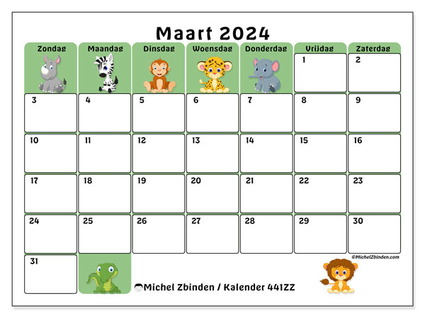 Kalender maart 2024 “441”. Gratis af te drukken agenda.. Zondag tot zaterdag