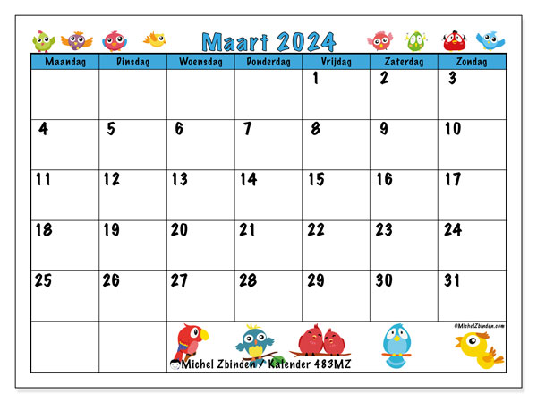 Kalender maart 2024 “483”. Gratis printbare kaart.. Maandag tot zondag