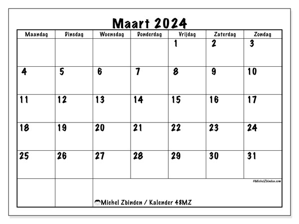 Kalender maart 2024, 48MZ. Gratis printbaar schema.