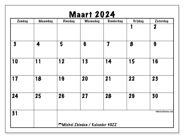 Kalender maart 2024 “48”. Gratis printbare kaart.. Zondag tot zaterdag