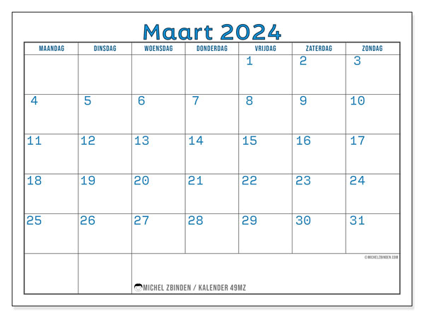Kalender maart 2024 “49”. Gratis af te drukken agenda.. Maandag tot zondag