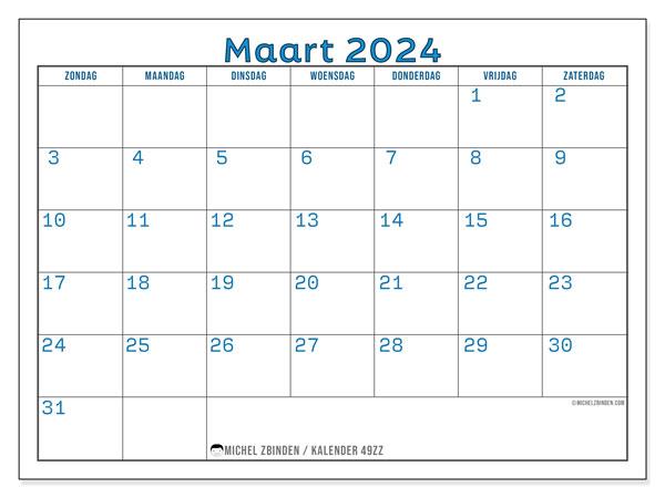 Kalender maart 2024 “49”. Gratis af te drukken agenda.. Zondag tot zaterdag