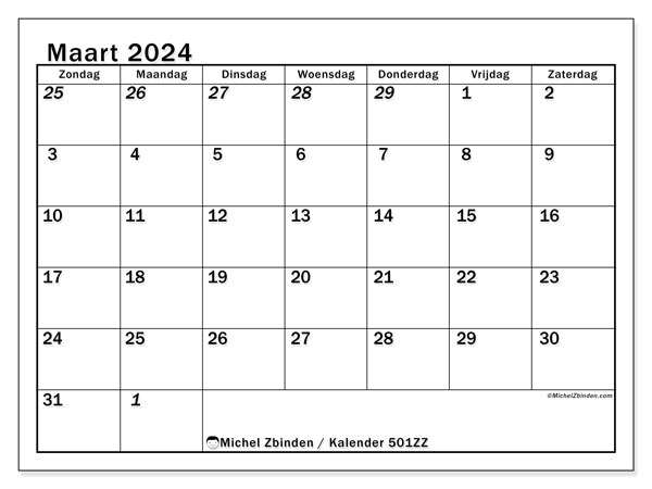Kalender maart 2024 “501”. Gratis afdrukbaar programma.. Zondag tot zaterdag