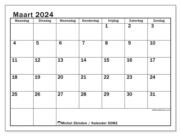 Kalender maart 2024 “50”. Gratis printbare kaart.. Maandag tot zondag
