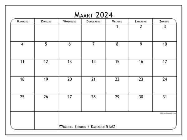 Kalender maart 2024, 51ZZ. Gratis afdrukbare kalender.