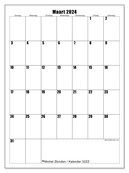 Kalender maart 2024 “52”. Gratis af te drukken agenda.. Zondag tot zaterdag