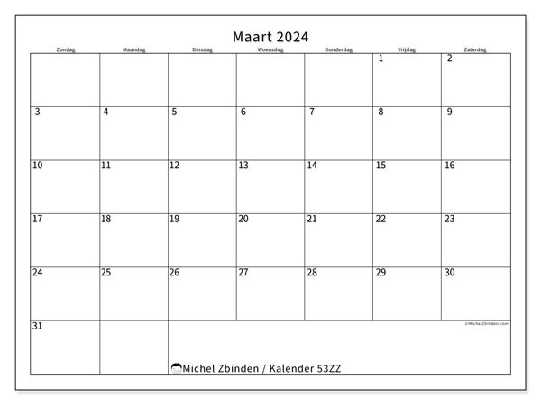 Kalender maart 2024 “53”. Gratis printbare kaart.. Zondag tot zaterdag