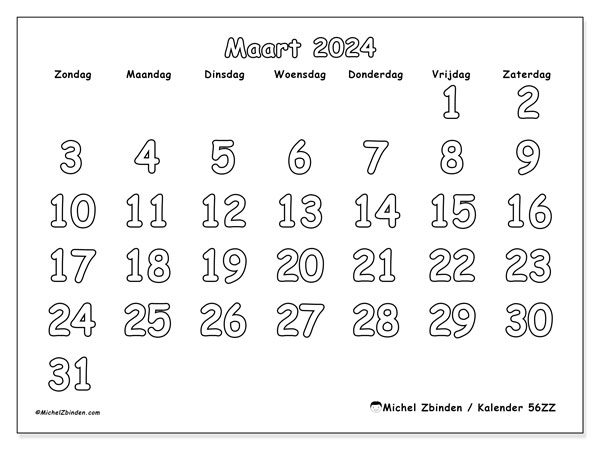 Kalender maart 2024, 56ZZ. Gratis printbaar schema.