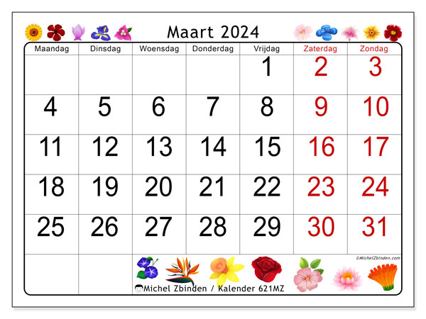 Kalender maart 2024 “621”. Gratis printbaar schema.. Maandag tot zondag