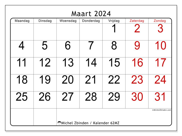 Kalender maart 2024 “62”. Gratis afdrukbare kalender.. Maandag tot zondag