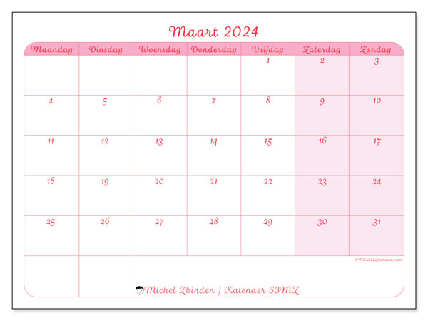 Kalender maart 2024 “63”. Gratis af te drukken agenda.. Maandag tot zondag