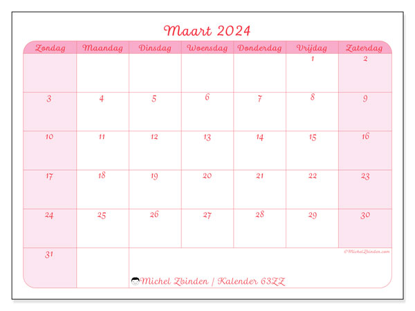 Kalender maart 2024 “63”. Gratis af te drukken agenda.. Zondag tot zaterdag