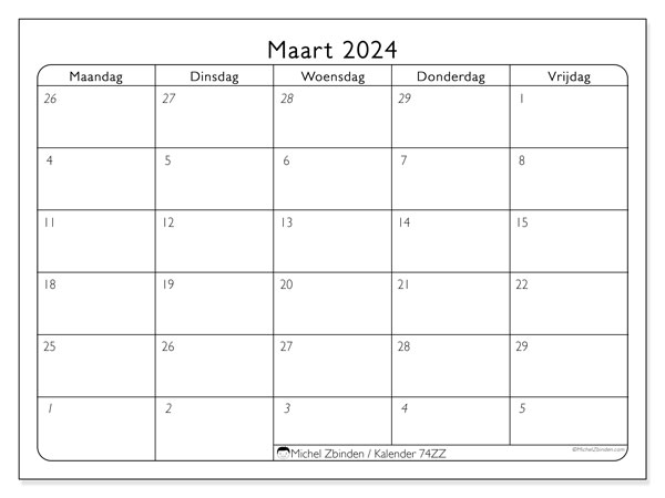Kalender maart 2024, 74ZZ. Gratis printbaar schema.