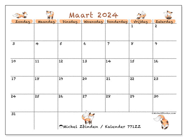 Kalender maart 2024 “771”. Gratis afdrukbare kalender.. Zondag tot zaterdag