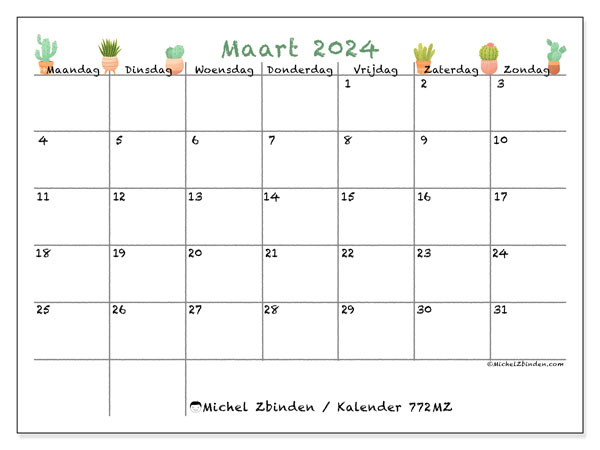Kalender maart 2024, 772MZ. Gratis afdrukbare kalender.