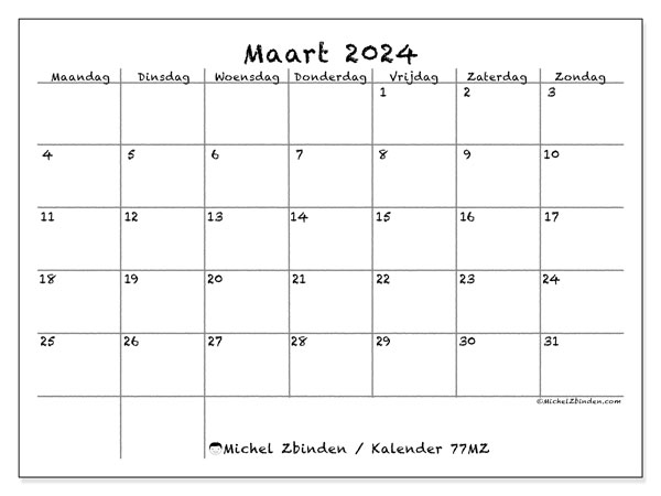 Kalender maart 2024 “77”. Gratis afdrukbare kalender.. Maandag tot zondag