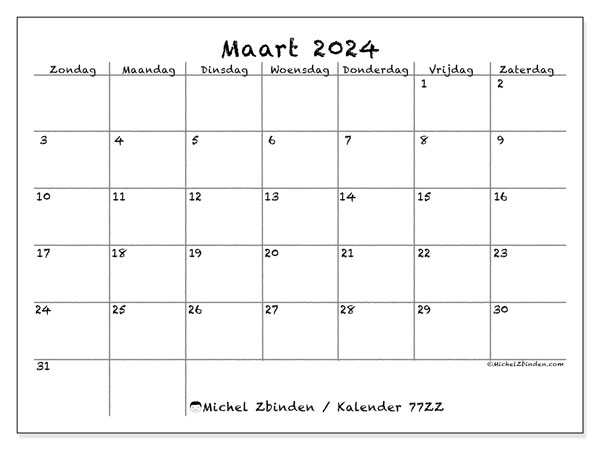 Kalender maart 2024 “77”. Gratis afdrukbare kalender.. Zondag tot zaterdag