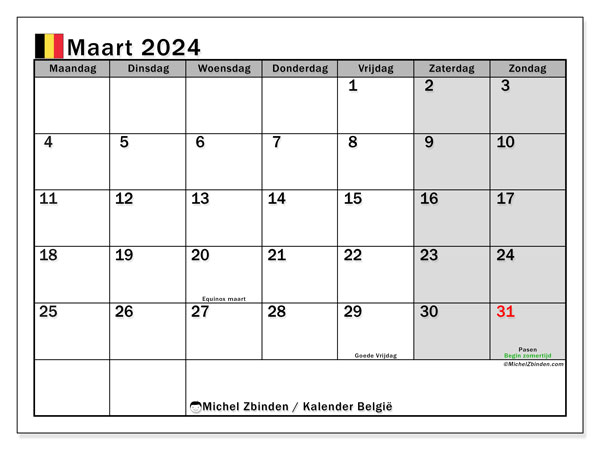 Kalender mars 2024, Belgien (NL). Gratis kalender som kan skrivas ut.